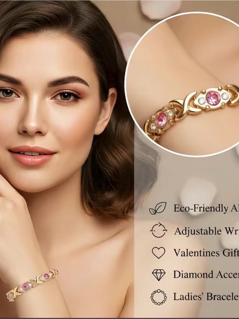 Magnetic Healing Bangle with Pink Rhinestones, Eco Alloy Magnetic Bracelet